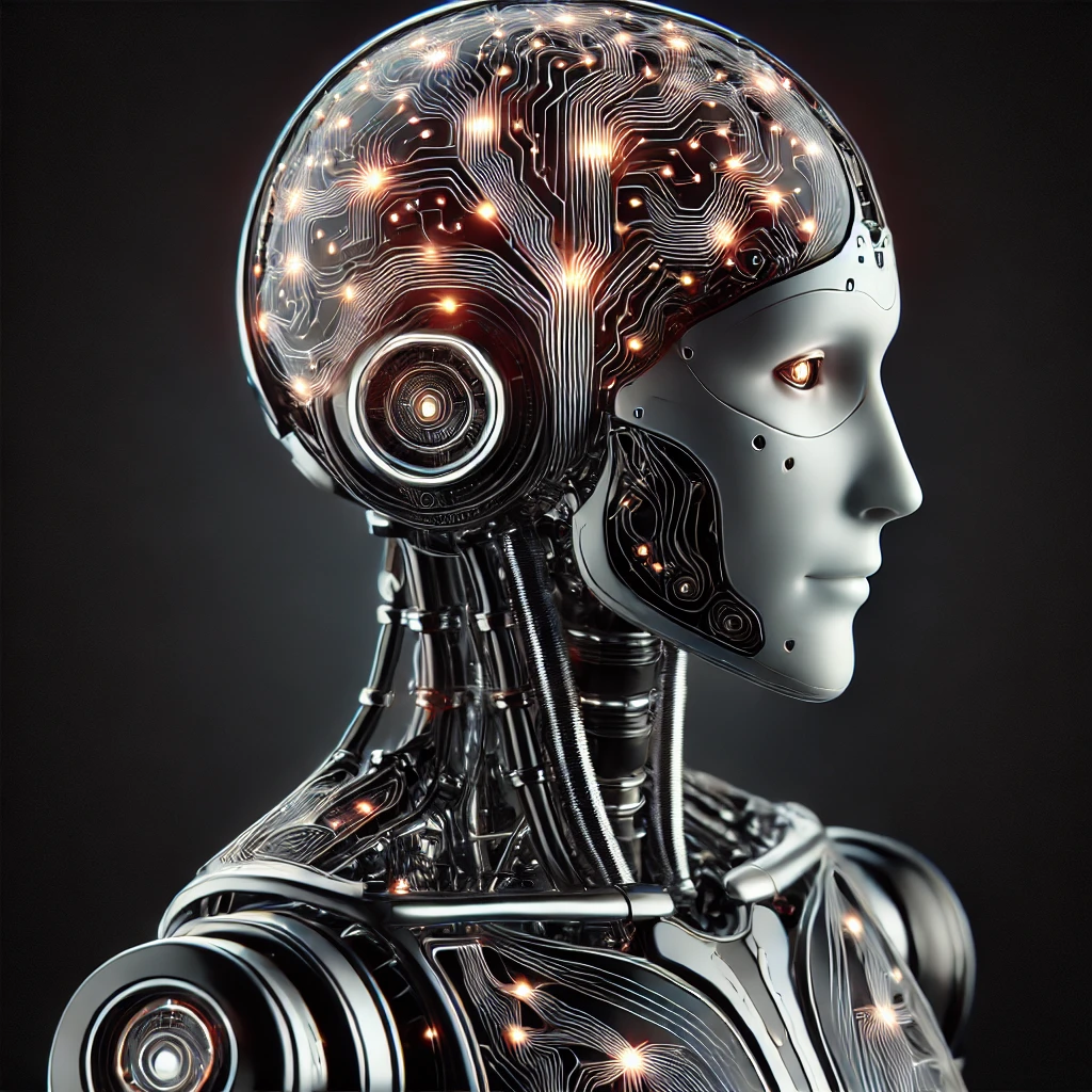 An AI robot in profile with a glowing neural circuit pattern across its head